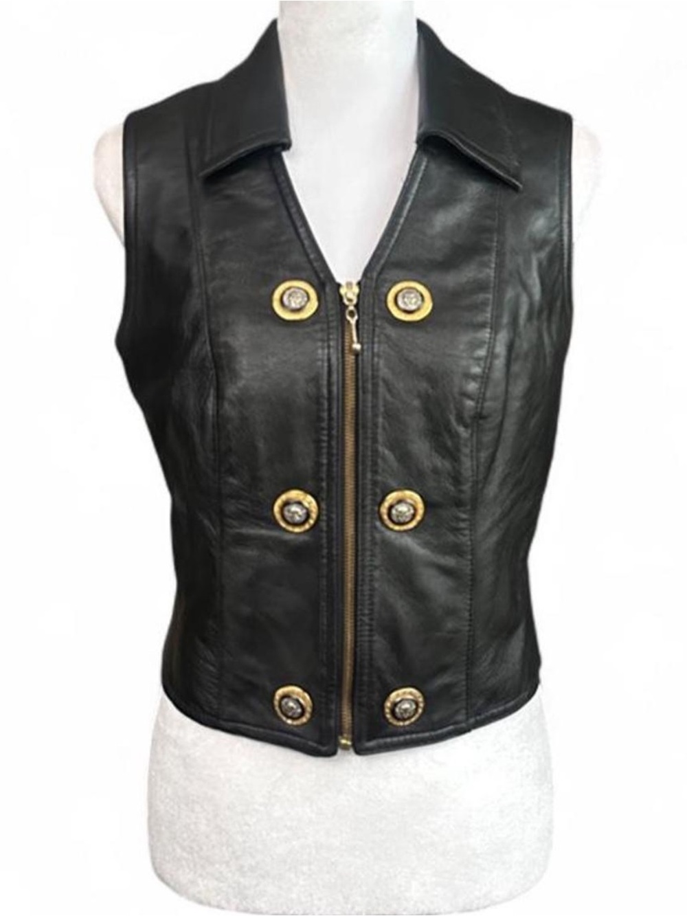 Vintage Cache leather vest with lion head medallion buttons